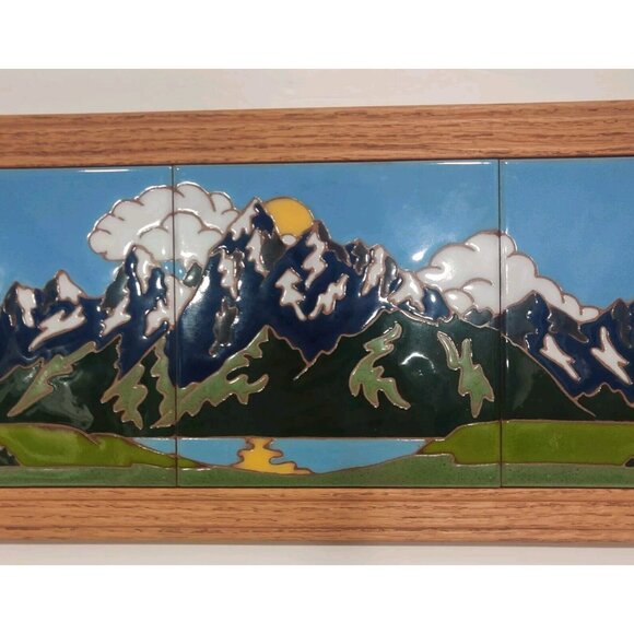 Mountain Moon Reflection Triptych Native Folk Art Deco (3) 6" Tiles 20x8" Framed - Picture 3 of 14